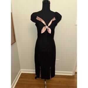 Stop Staring Dress LARGE Black Pink Rockabilly Pin Up Stretch Made USA Maxi Bow